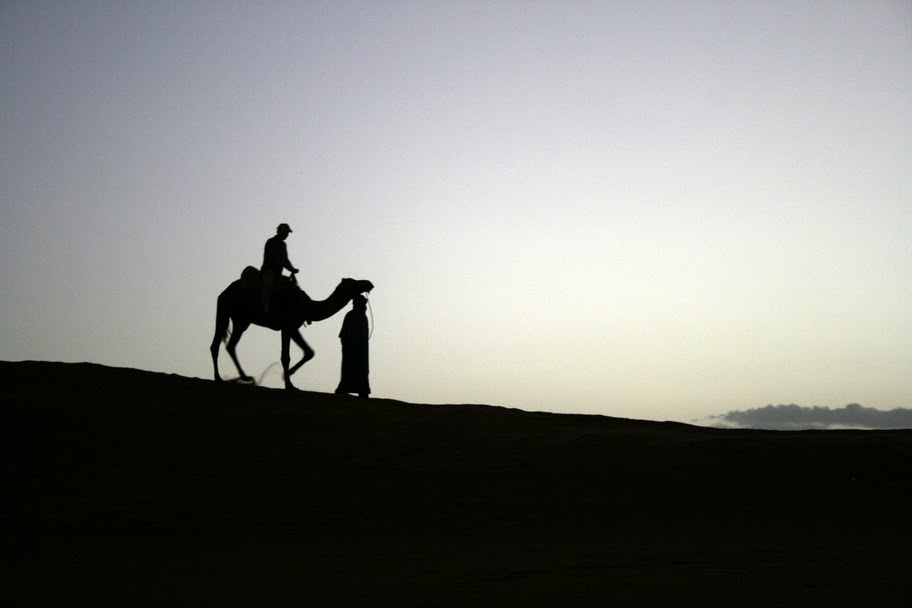 A person riding a camel through the dessert backlit at sunset.