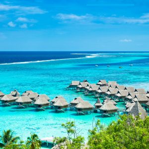 Photo showing overwater bungalows in Tahiti.